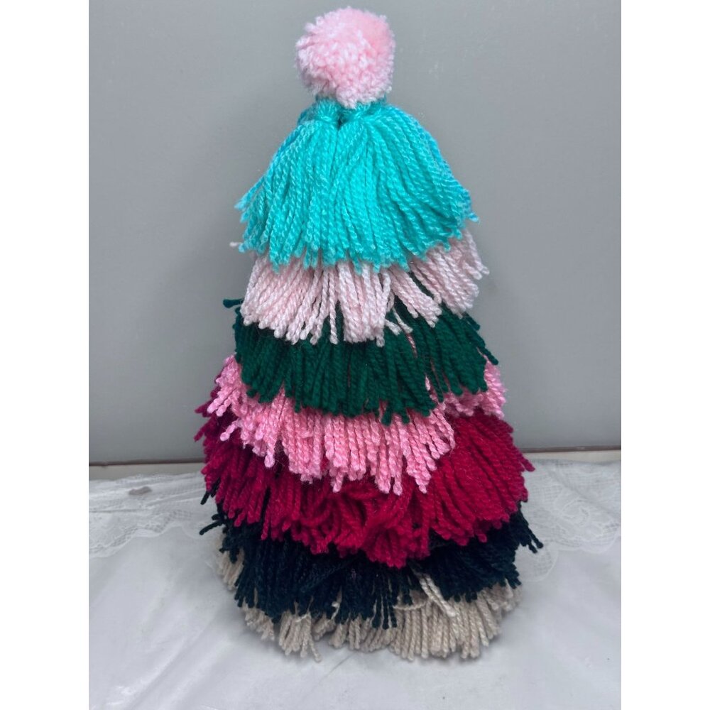 Handcrafted Multicolor Yarn Pom-Pom Tree Decor Holiday Christmas  Table Decor